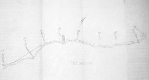Mapa de la línia publicat per Josep Gil i Montaña a "El camino de hierro Barcelona a Mataró en la mano", 1850
