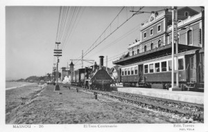 Inauguració de l’electrificació de la línia del ferrocarril Barcelona-Mataró durant les celebracions del Centenari, Tren del Centenari al Masnou 1948.