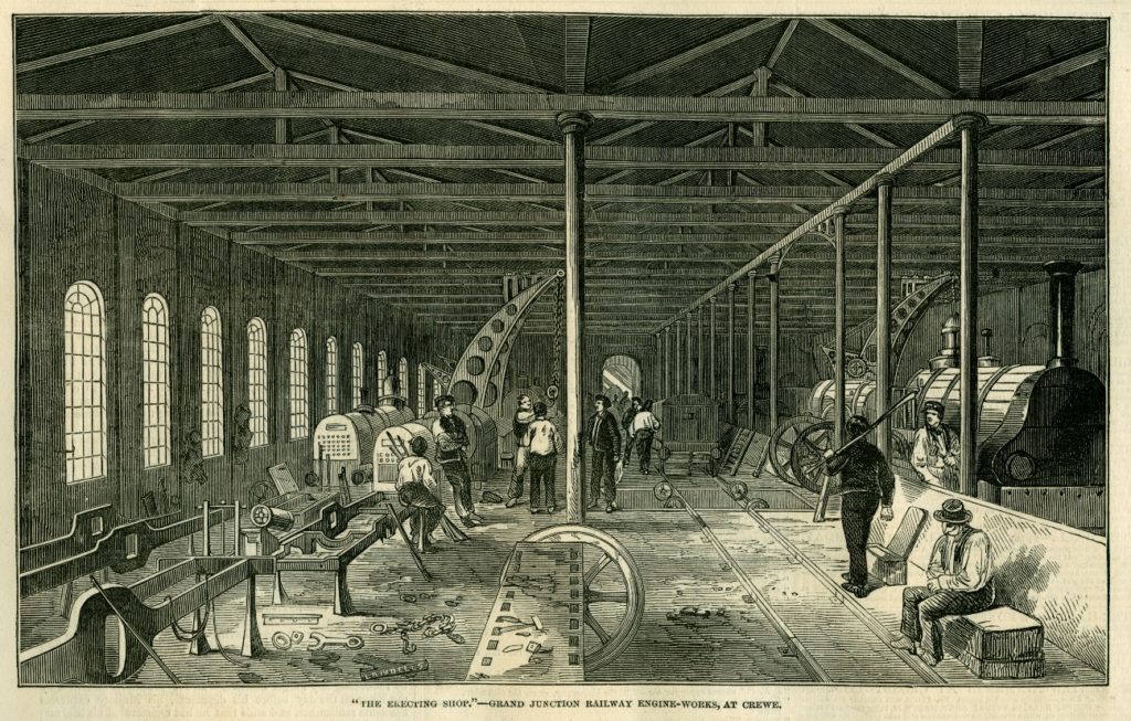 Construcció de locomotores de la Grand Junction Railway a Crewe (Anglaterra), The Illustrated London News 1849