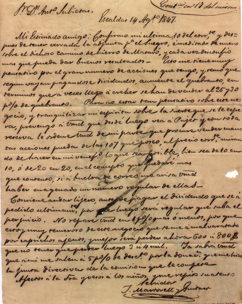 Carta d'un accionista intentant vendre les seves accions, agost 1847