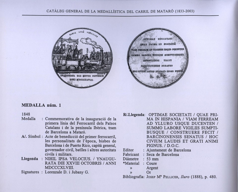 Medalla conmemorativa, 1848. Descripció de Josep Rovira, Catàleg de medallística del ferrocarril de Mataró, 1998